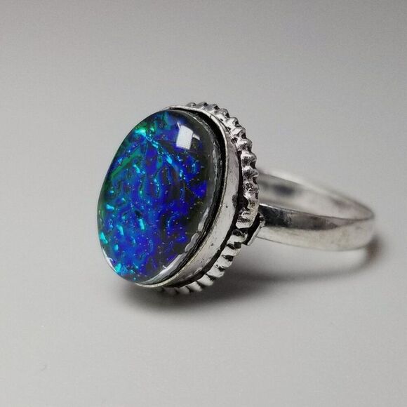 Vintage Blue Green Glass Cabochon Ring, Silver Tone size 8.5 Band, Bezel Set - Picture 1 of 9